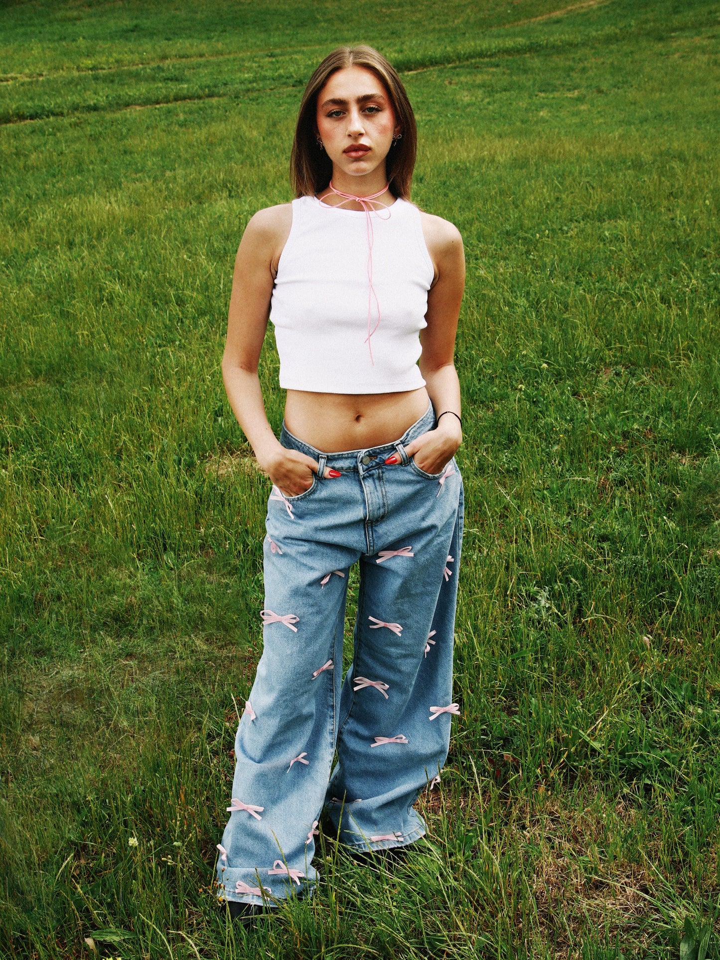 PANTALONI TOTAL DENIM FIOCCHI ROSA