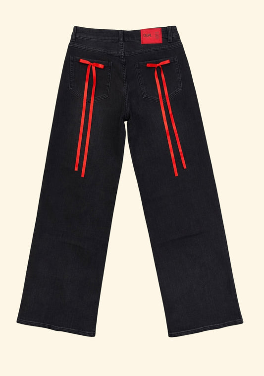 PANTALONI JEANS NERI - FIOCCHI ROSSI