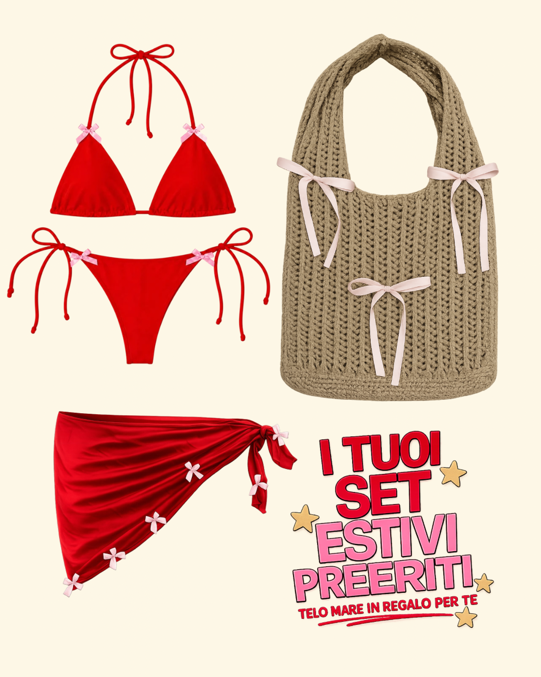 SET: BIKINI ROSSO CON FIOCCHI + PAREO + BORSA MARE CROCHET