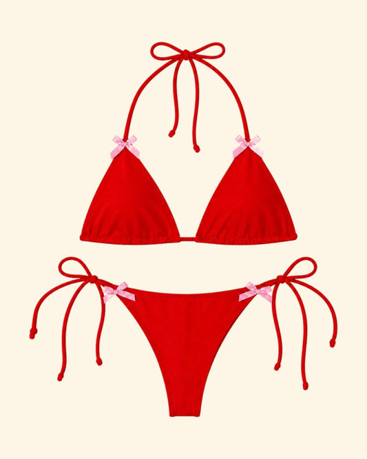 COSTUME ROSSO  BIKINI CON FIOCCHI ROSA DAVANTI