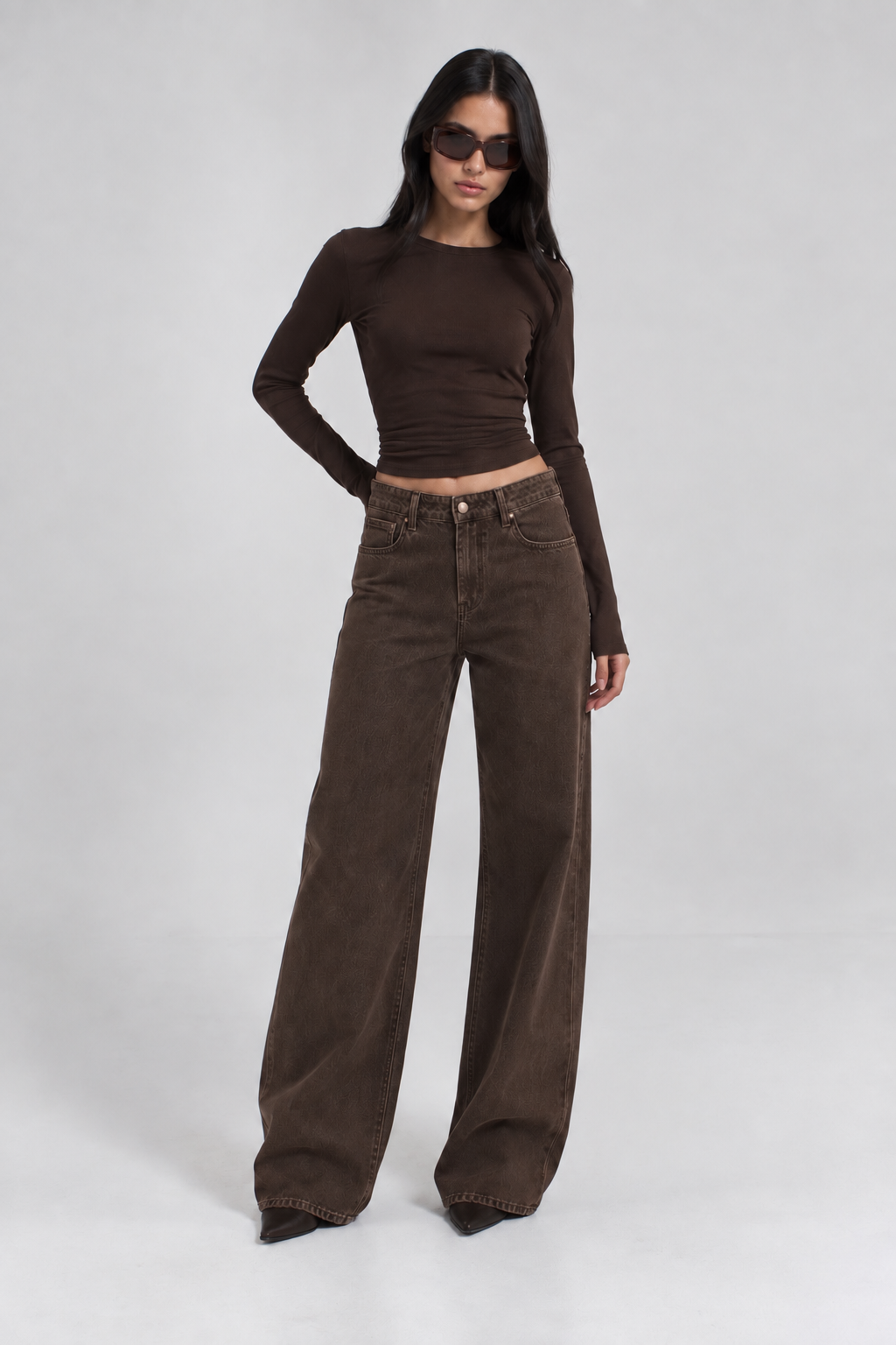 PANTALONI JEANS MARRONI CON FIOCCHI BEIGE