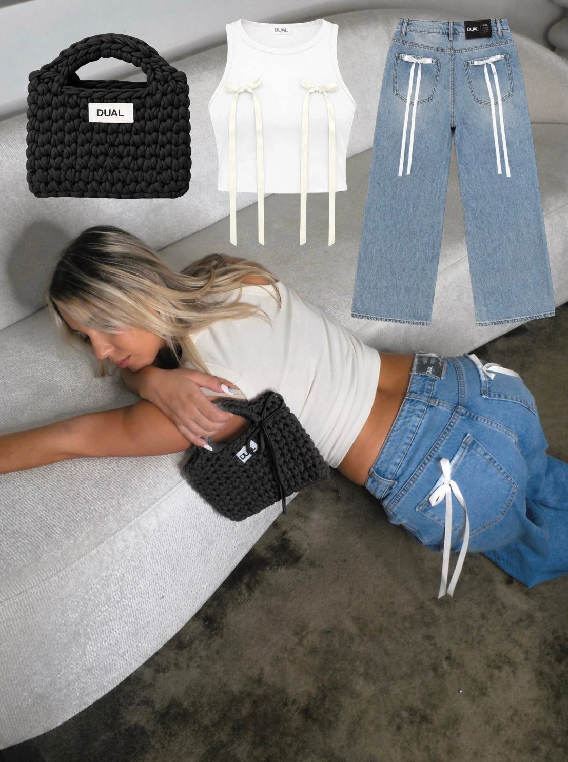 BORSA FUNNYNERA + TOP FIOCCHI BIANCHI  + JEANS FIOCCHI BIANCHI