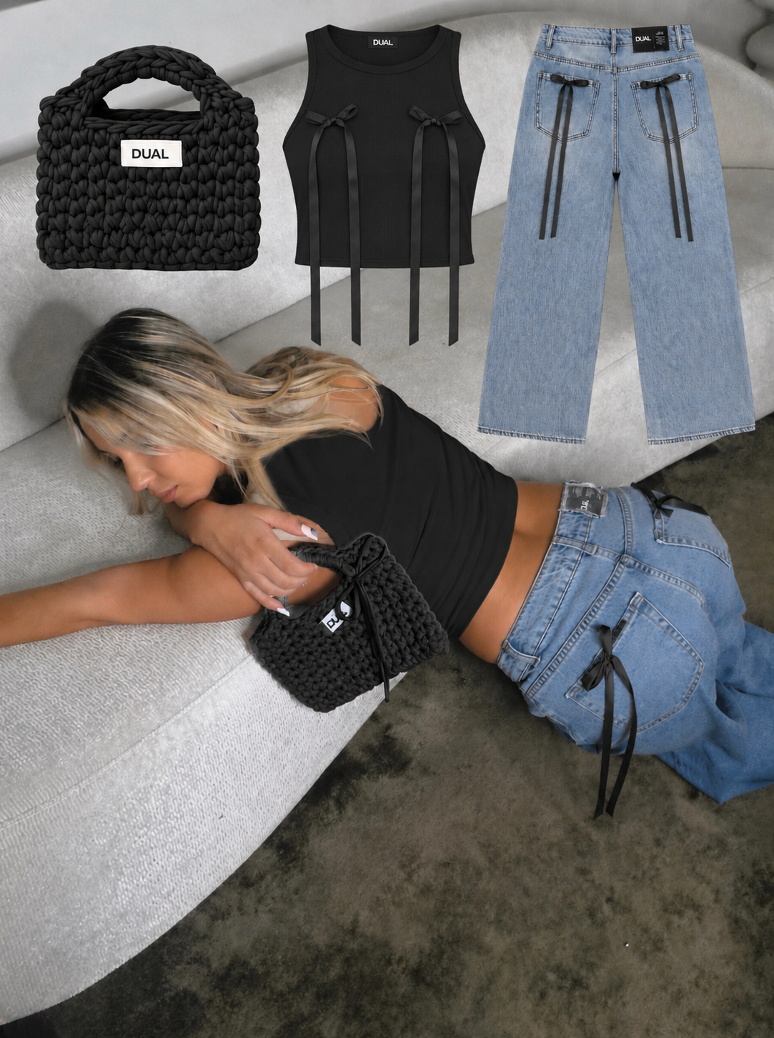 JEANS DENIM FIOCCHI NERI + TOP FIOCCHI NERI + FUNNY MONOCOLORE BORSA CROCHET