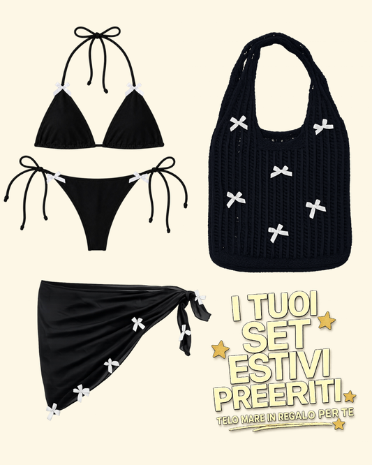 Set Estivo bikini nero con fiocchi con pareo e borsa mare crochet