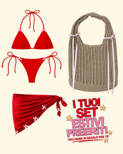 Set Estivo bikini rosso con fiocchi con pareo e borsa mare crochet
