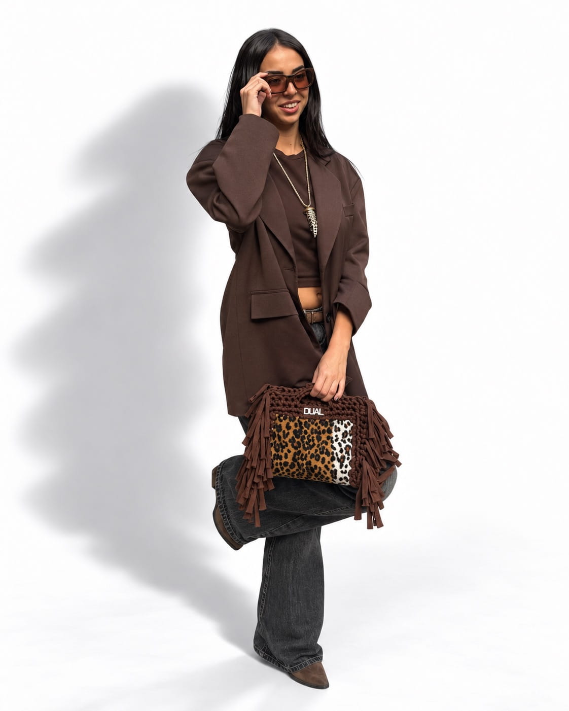 block bag leopardata marrone mano