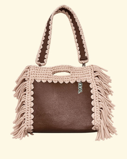 fluffy bag borsa crochet e pelle marrone e beige uncinetto