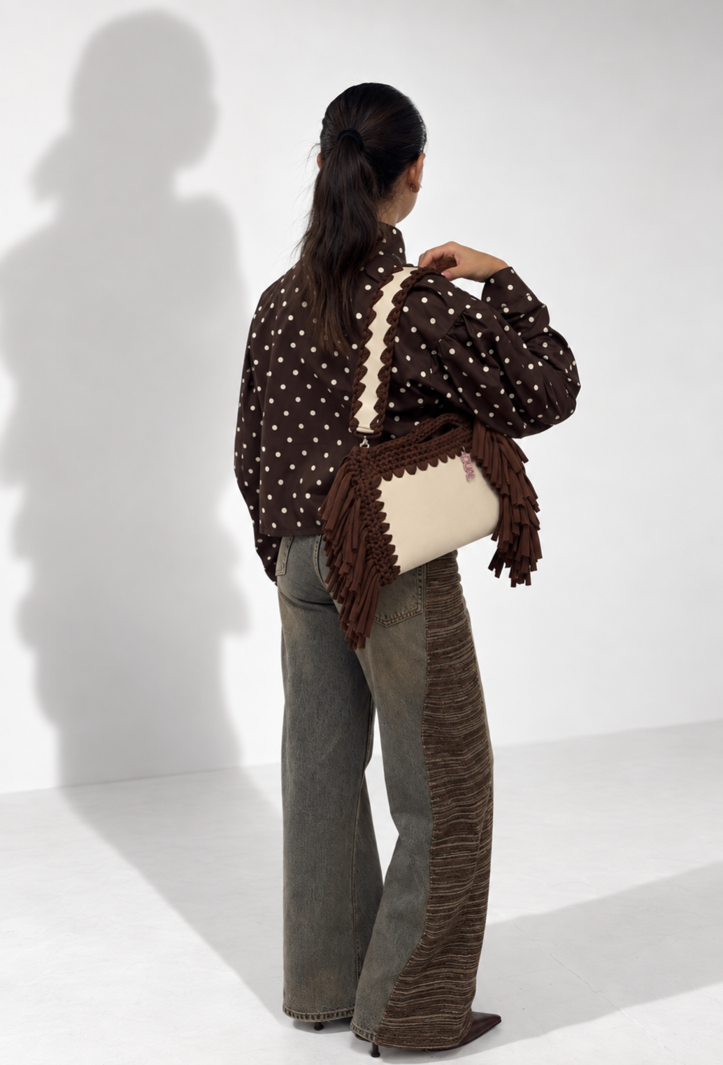 borsa fluffy  beige marrone pelle crochet spalla