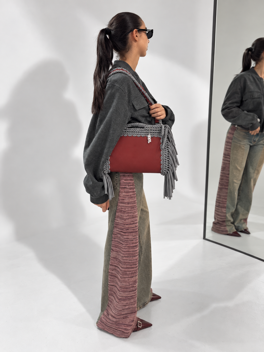 borsa fluffy pelle crochet spalla bordeaux grigio