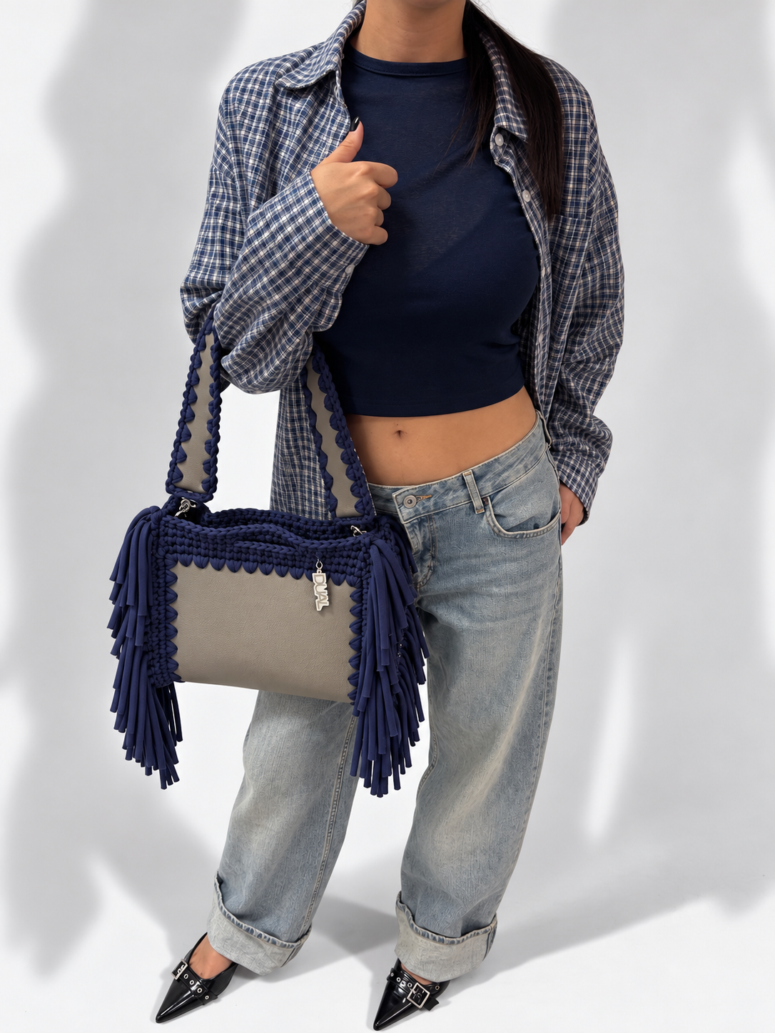 borsa fluffy pelle crochet grigio blu