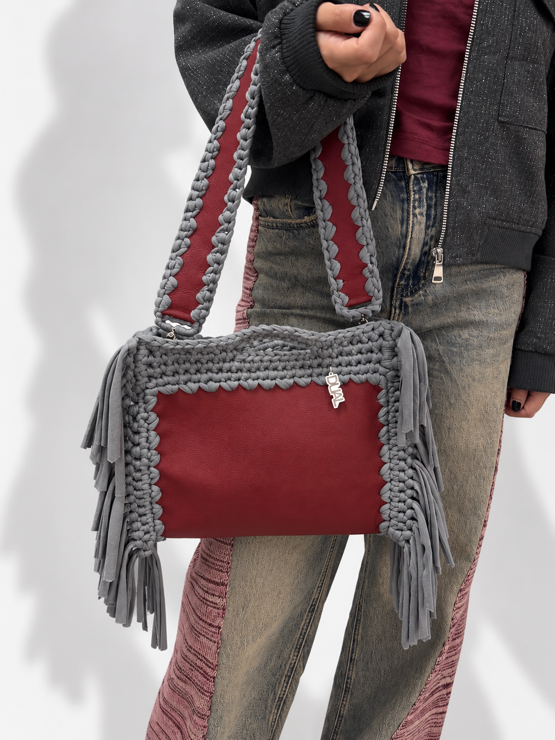 borsa fluffy pelle crochet grigio bordeaux 