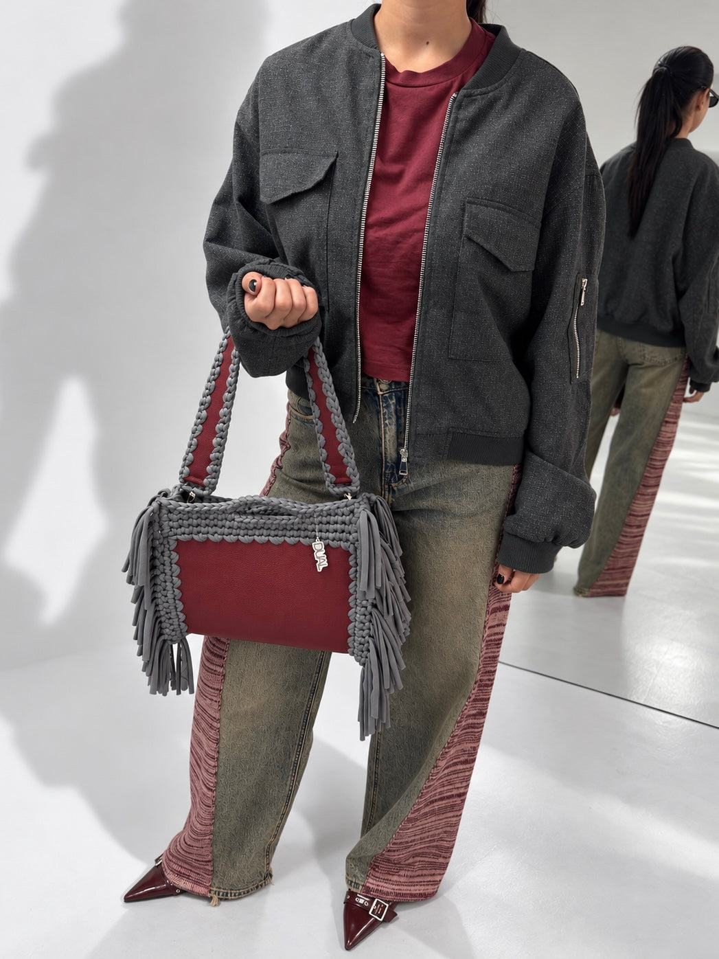 borsa fluffy pelle crochet bordeaux grigio