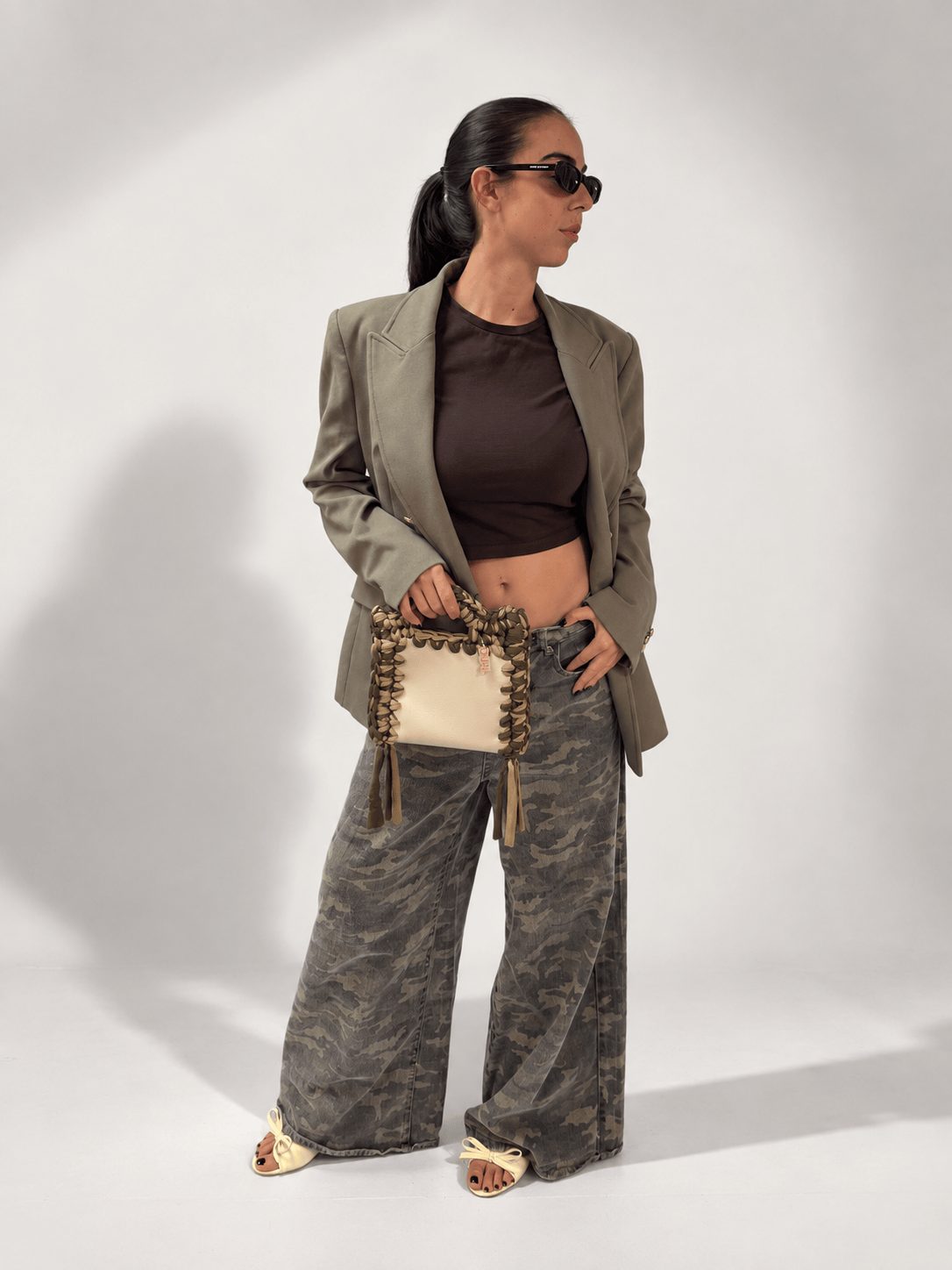 borsa funny bicolore pelle crochet beige verde