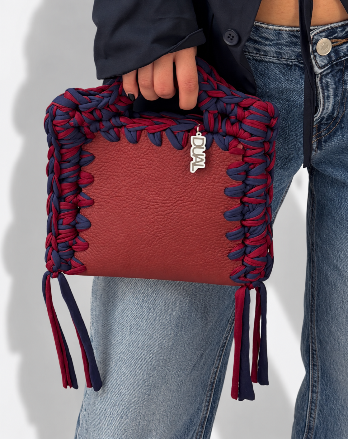 borsa funny bicolore pelle crochet blu bordeaux