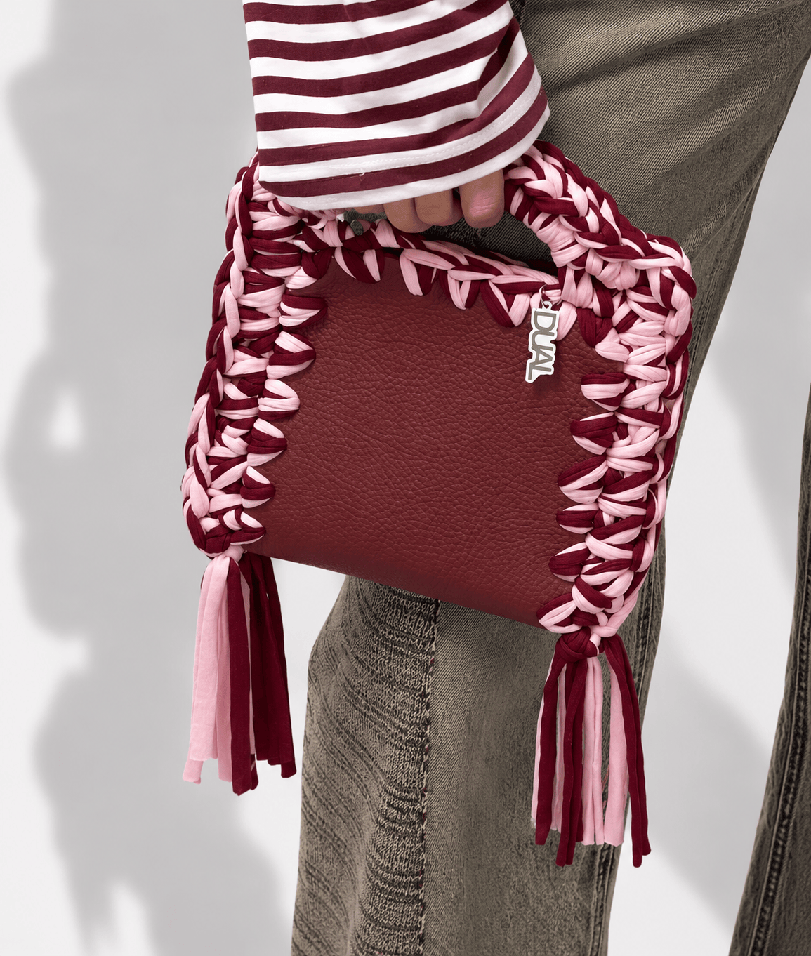 borsa funny bicolore pelle crochet bordeaux rosa 