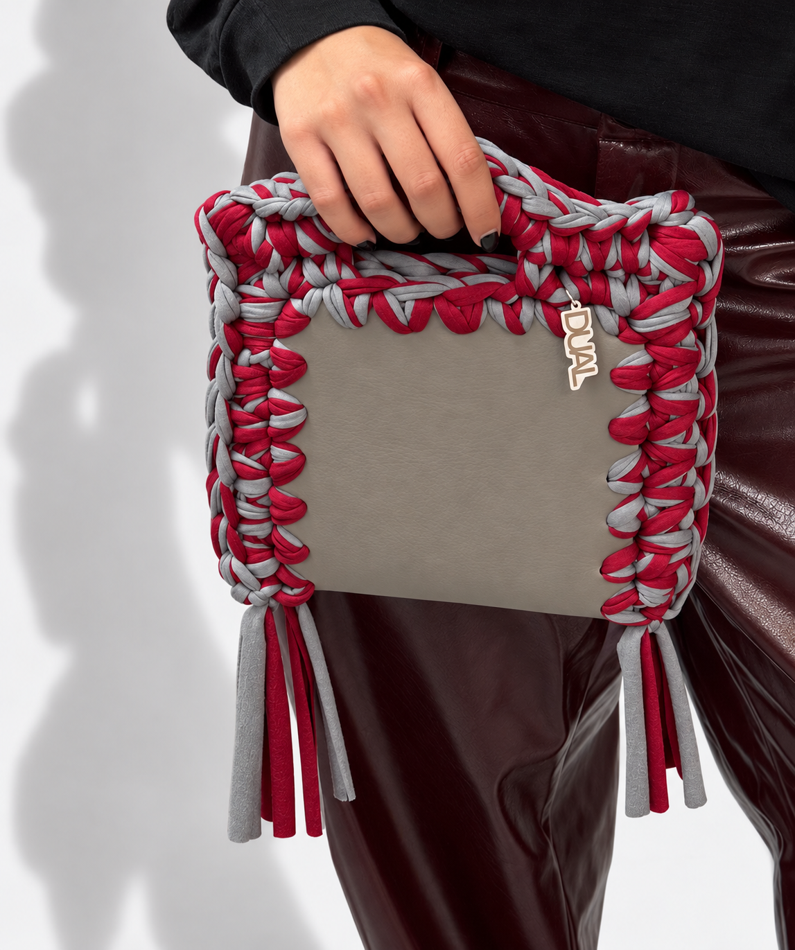borsa funny bicolore pelle crochet grigio bordeaux