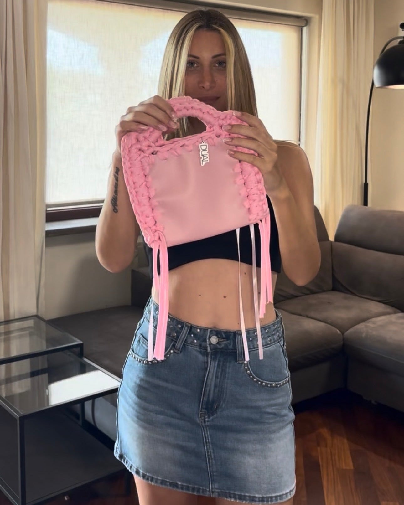 borsa funny crochet pelle rosa
