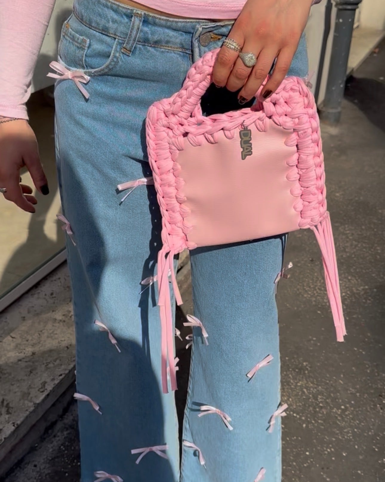 borsa funny pelle e crochet uncinetto rosa
