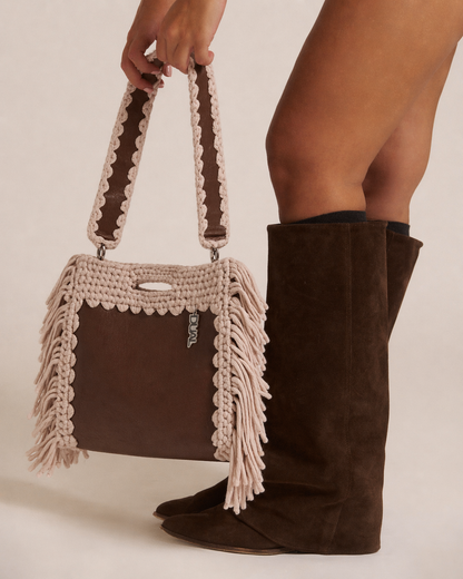 fluffy bag borsa pelle e crochet beige e marrone