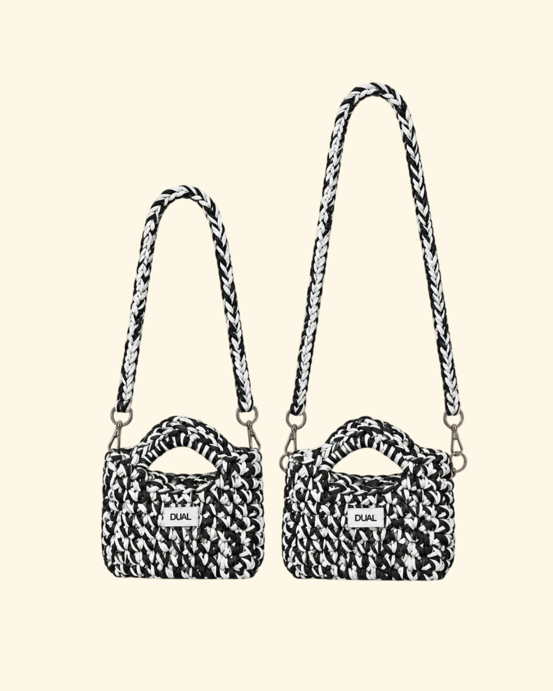 borsa uncinetto bicolore crochet con tracolle da 60cm e 90cm bianca e nera