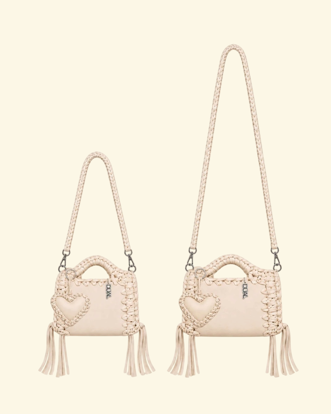 borsa uncinetto monocolore pelle e crochet con tracolla da 60cm e 90cm beige