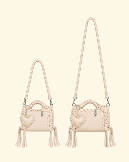 borsa uncinetto monocolore pelle e crochet con tracolla da 60cm e 90cm beige
