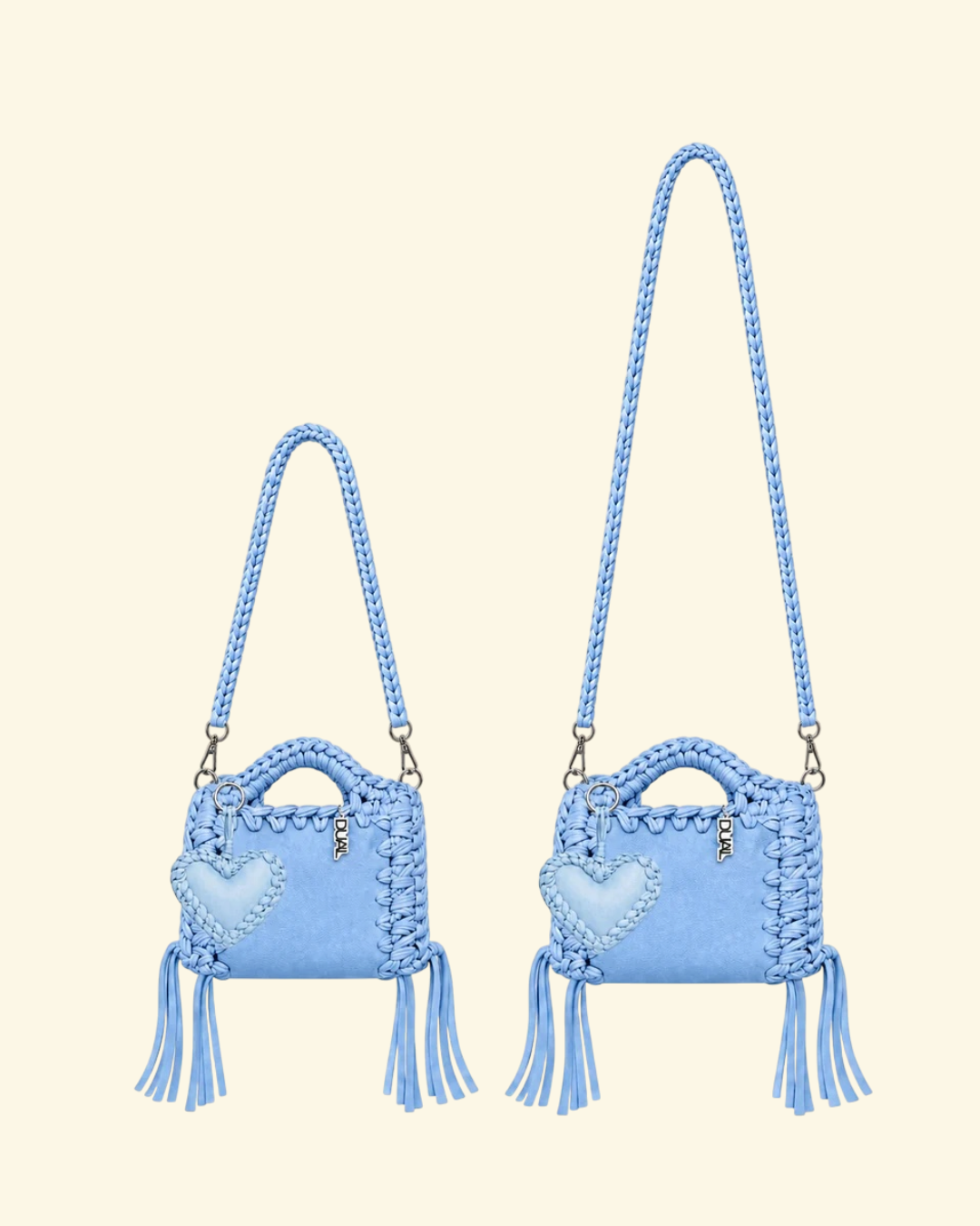 borsa uncinetto monocolore pelle e crochet con tracolla da 60cm e 90cm celeste