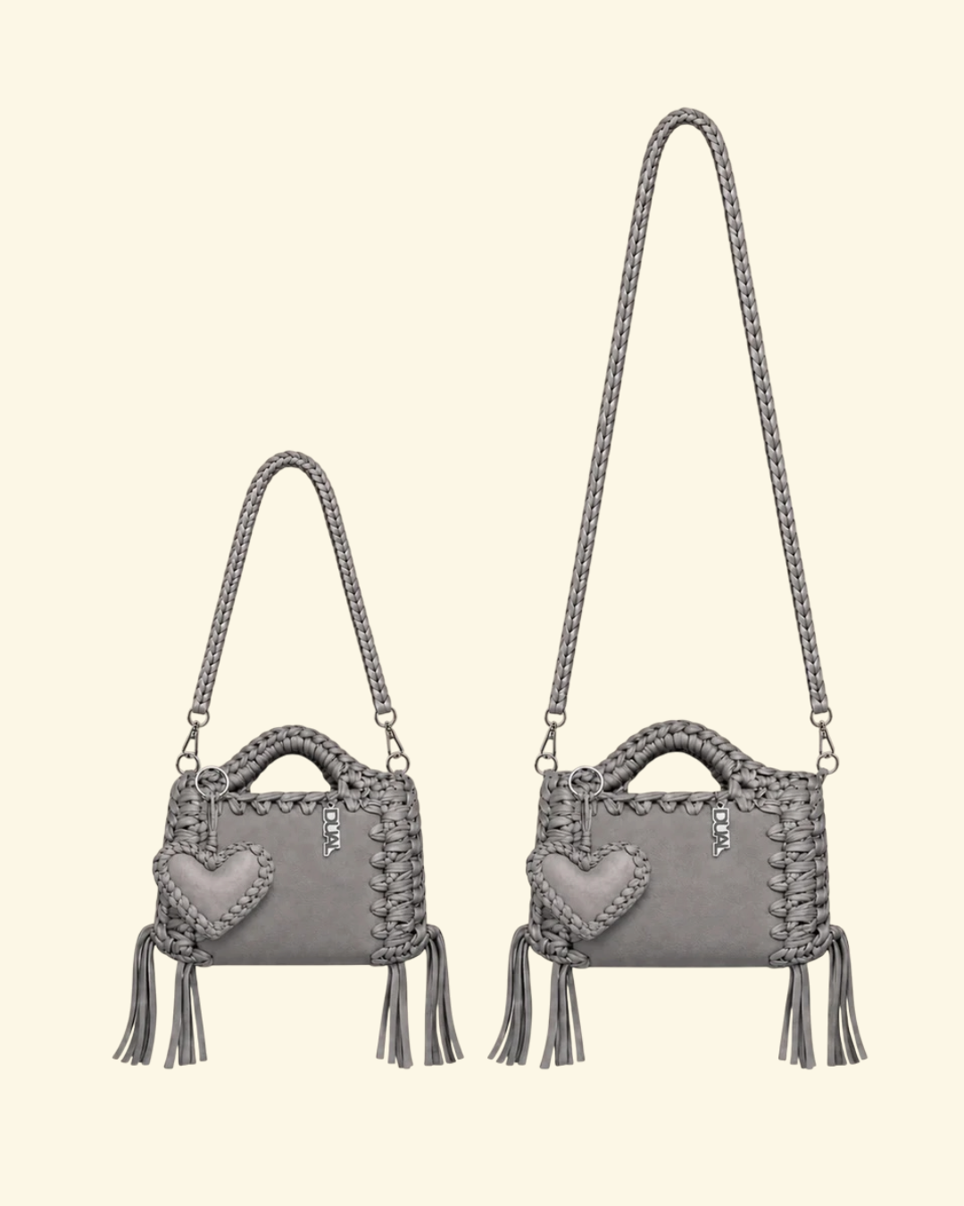 borsa uncinetto monocolore pelle e crochet con tracolla da 60cm e 90cm grigia