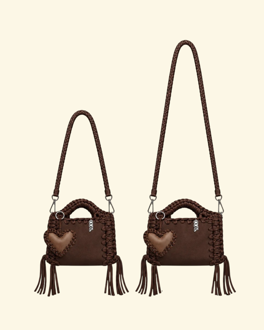 borsa uncinetto monocolore pelle e crochet con tracolla da 60cm e 90cm marrone