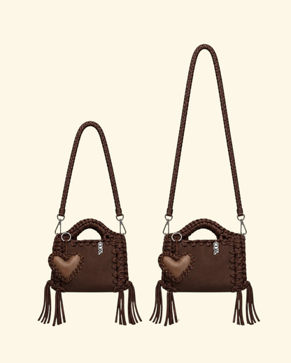 borsa uncinetto monocolore pelle e crochet con tracolla da 60cm e 90cm marrone