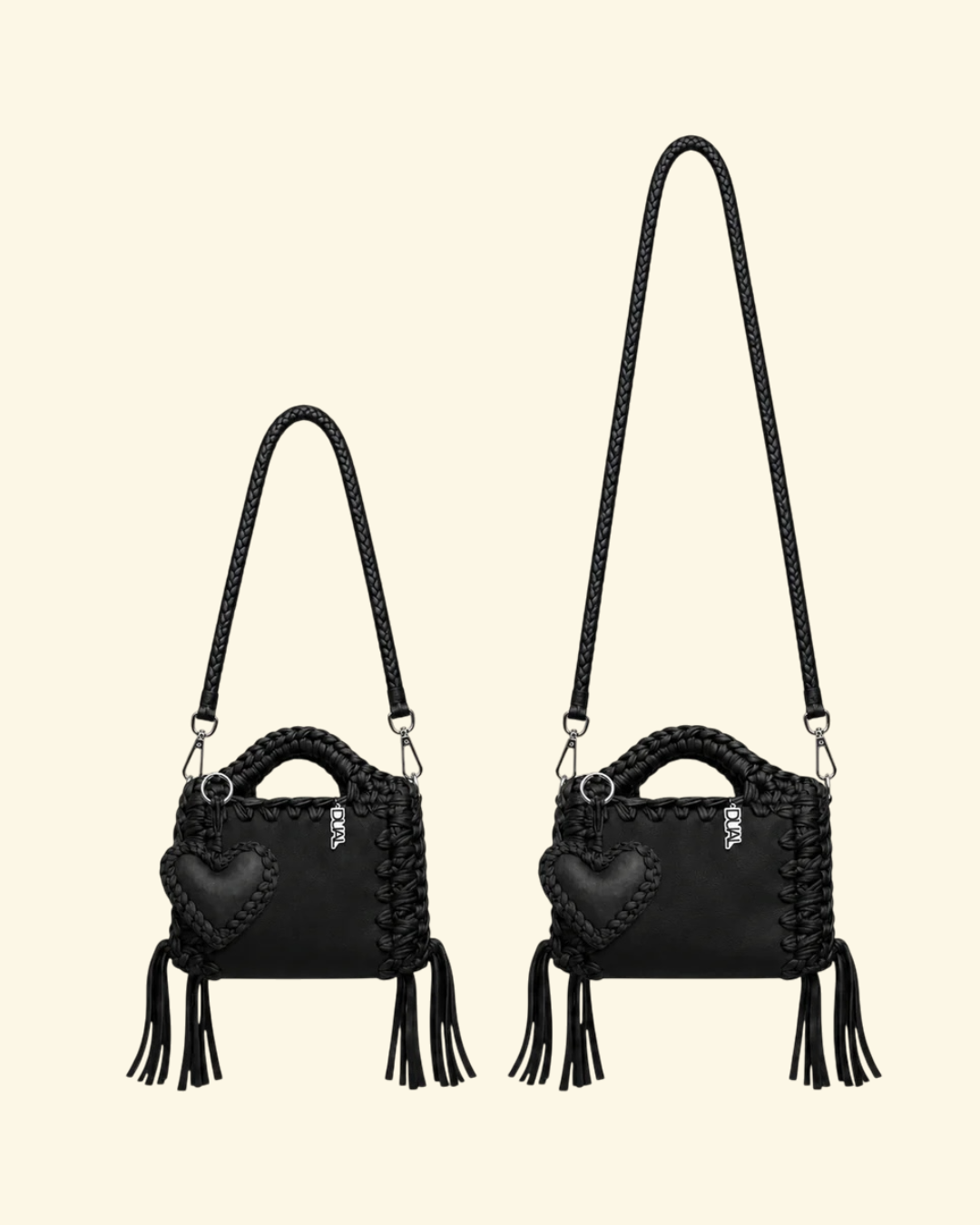 borsa uncinetto monocolore pelle e crochet con tracolla da 60cm e 90c nera