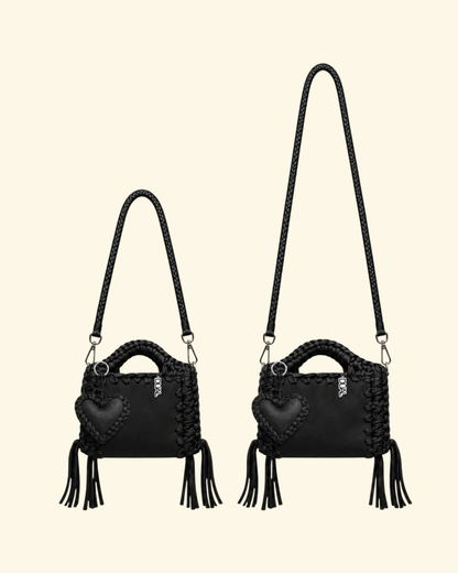 borsa uncinetto monocolore pelle e crochet con tracolla da 60cm e 90c nera