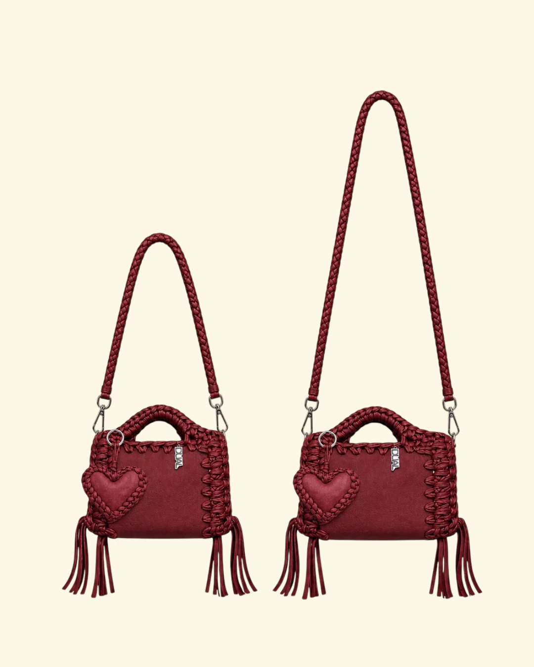borsa uncinetto monocolore pelle e crochet con tracolla da 60cm e 90cm bordeaux