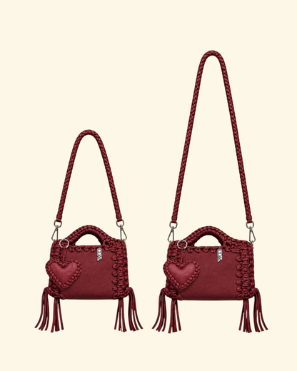 borsa uncinetto monocolore pelle e crochet con tracolla da 60cm e 90cm bordeaux