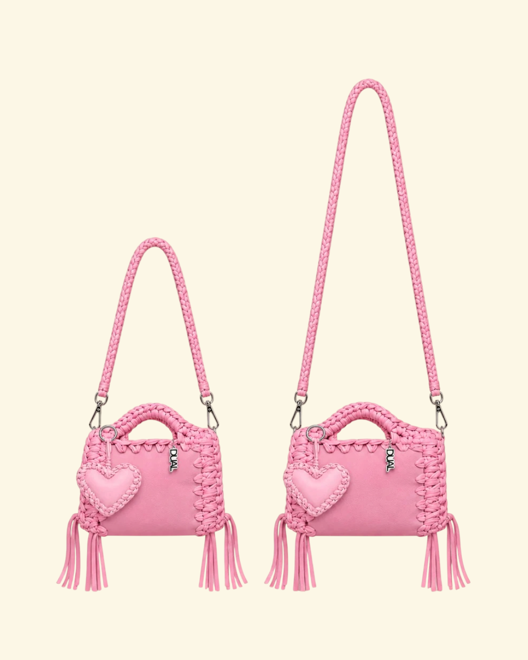 borsa uncinetto monocolore pelle e crochet con tracolla da 60cm e 90cm rosa