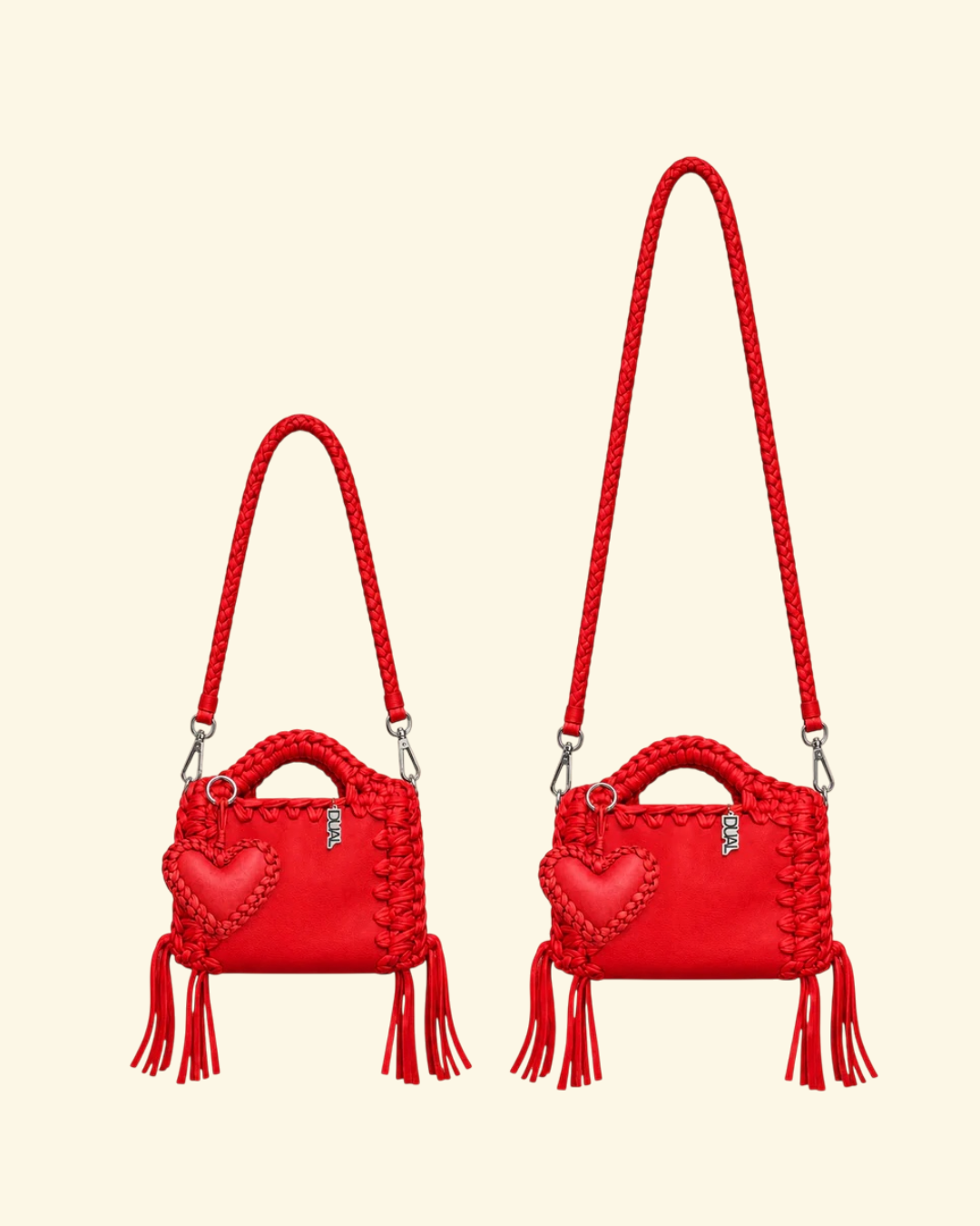 borsa uncinetto monocolore pelle e crochet con tracolla da 60cm e 90cm rossa