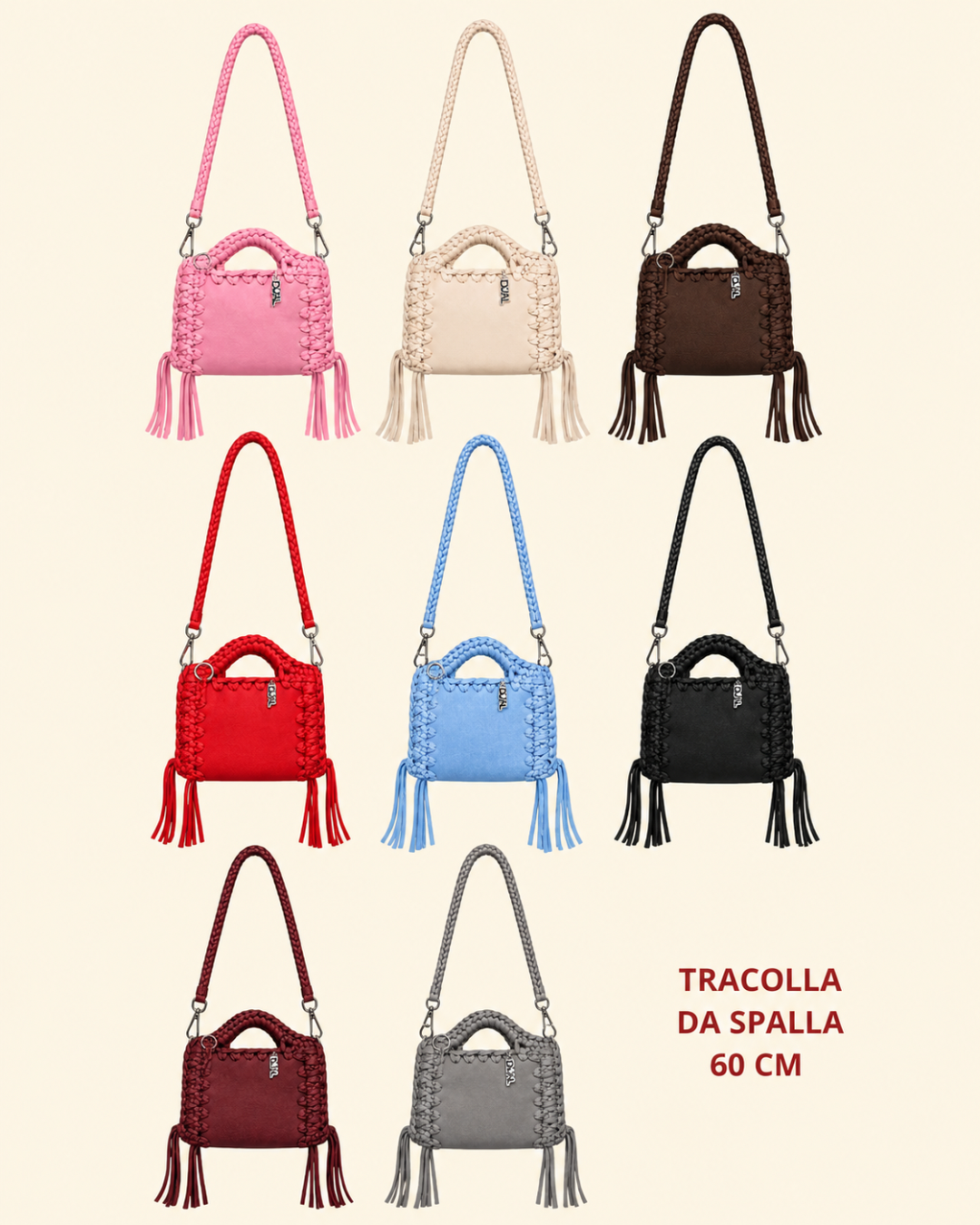 borsa uncinetto monocolore pelle e crochet con tracolle da 60cm tutte le varianti