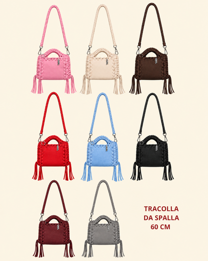 borsa uncinetto monocolore pelle e crochet con tracolle da 60cm tutte le varianti