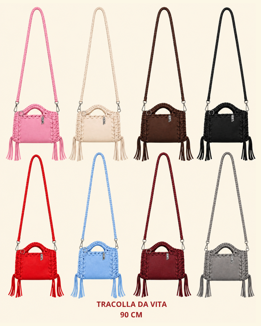 borsa uncinetto monocolore pelle e crochet con tracolle da 90cm tutte le varianti