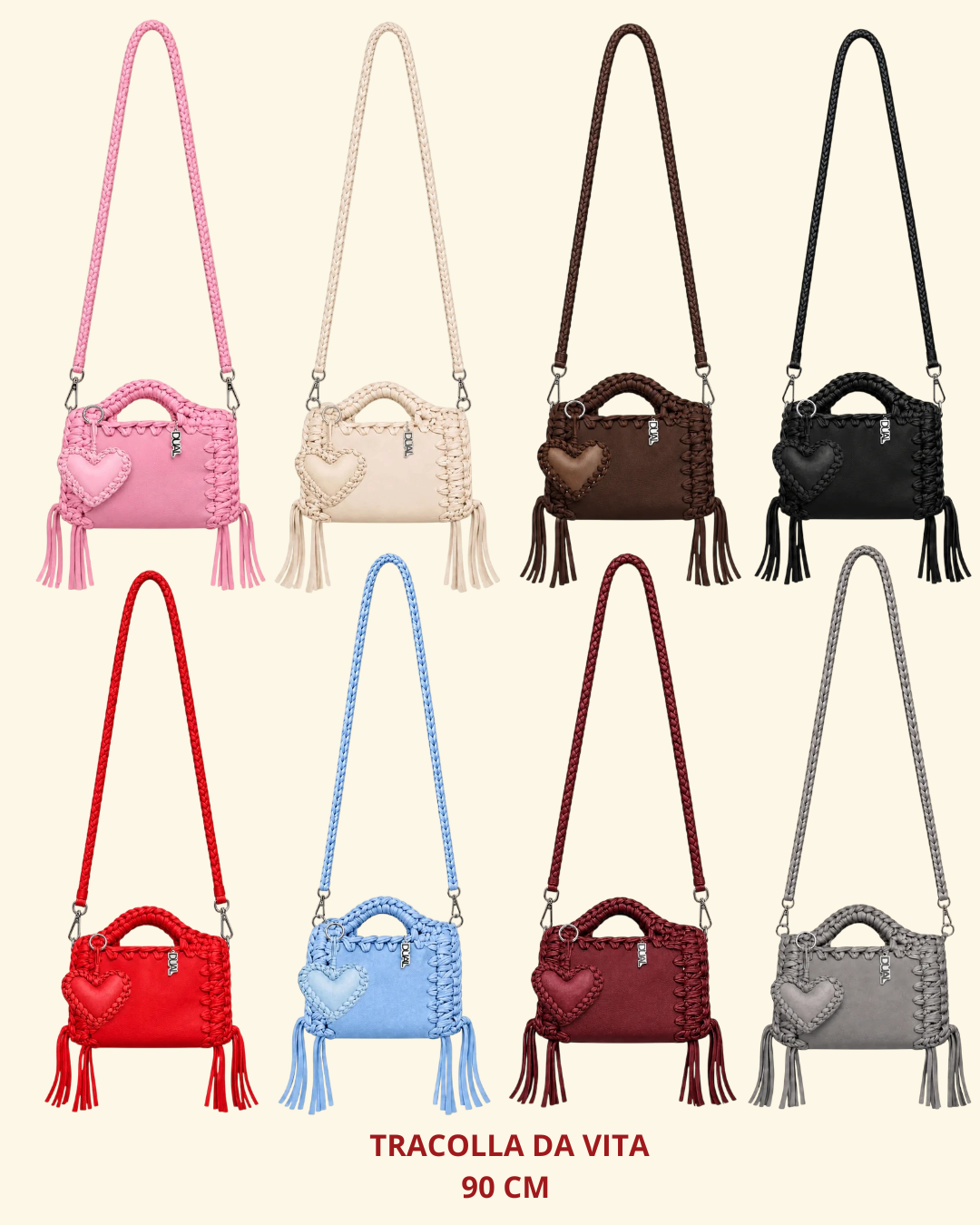 borsa uncinetto monocolore pelle e crochet con tracolle da 90cm 