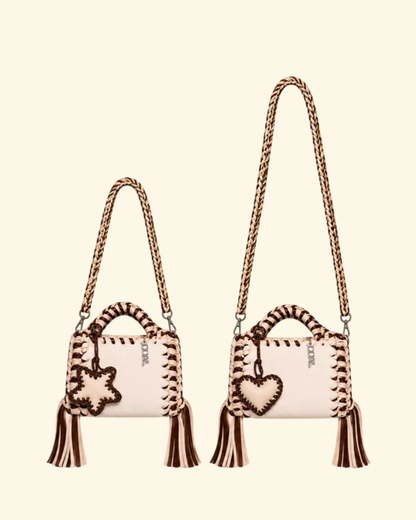 borse uncinetto funny bicolore pelle e crochet beige e marrone con tracolle da 60cm e 90 cm