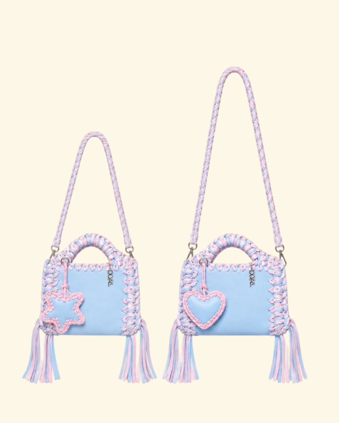 borse uncinetto funny bicolore pelle e crochet celeste e rosa con tracolla da 60cm e 90cm