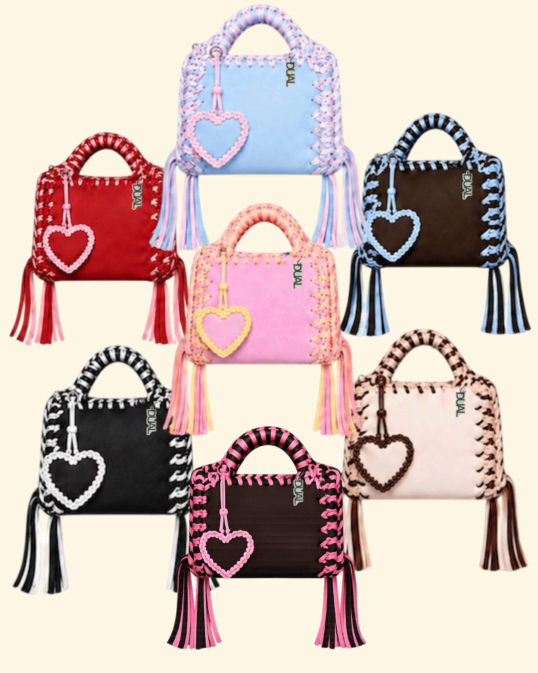 borse uncinetto funny bicolore pelle e crochet con charm cuore