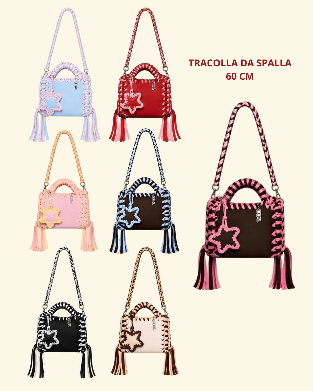 borse uncinetto funny bicolore pelle e crochet con tracolla da 60cm e charm stella