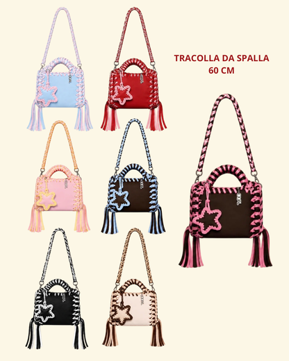 borse uncinetto funny bicolore pelle e crochet con tracolla da 60cm e charm stella