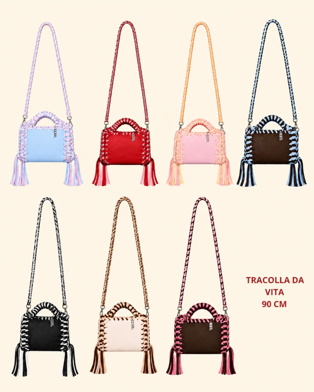 borse uncinetto funny bicolore pelle e crochet con tracolla da 90 cm