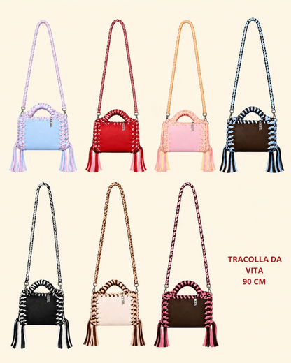 borse uncinetto funny bicolore pelle e crochet con tracolla da 90 cm
