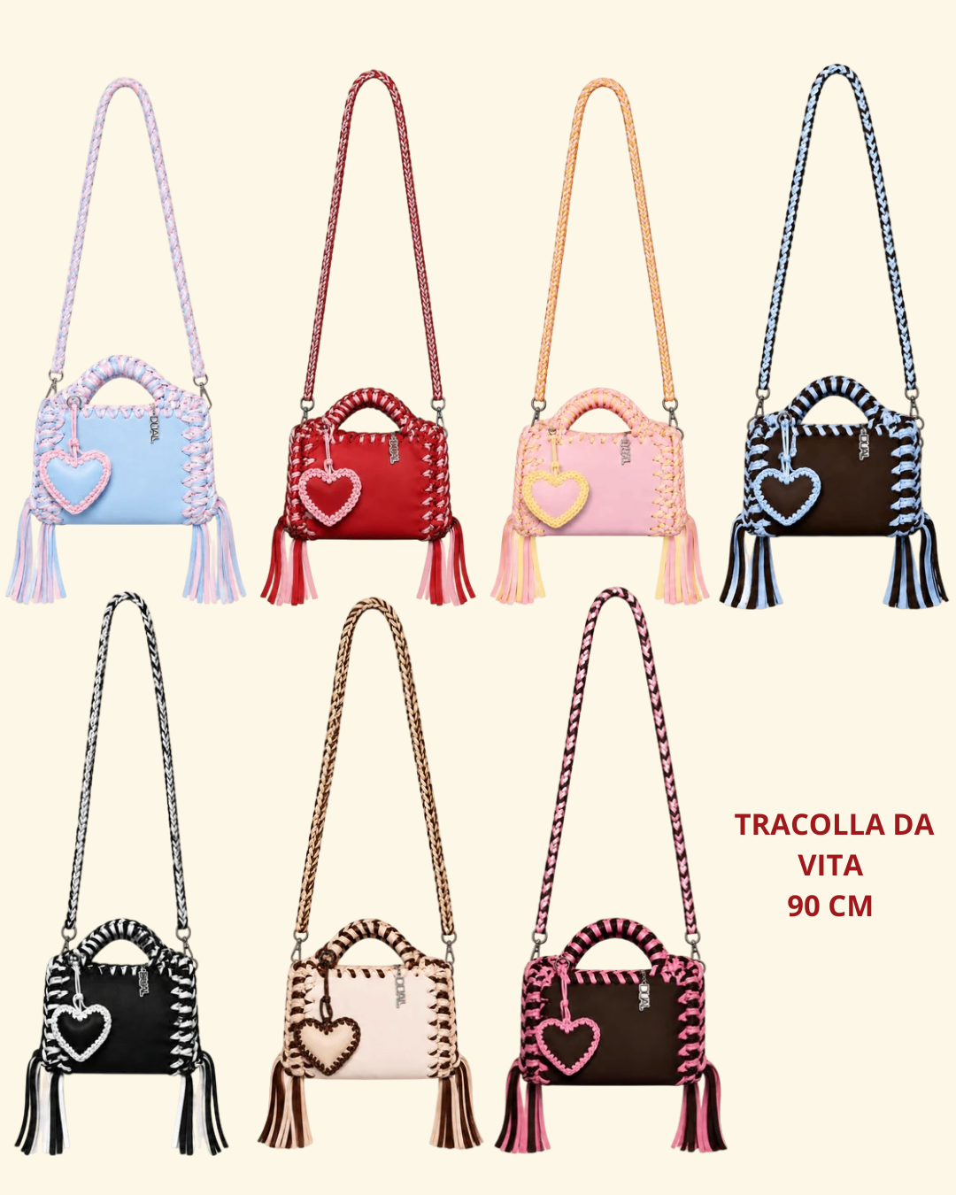 borse uncinetto funny bicolore pelle e crochet con tracolla da 90cm e charm cuore