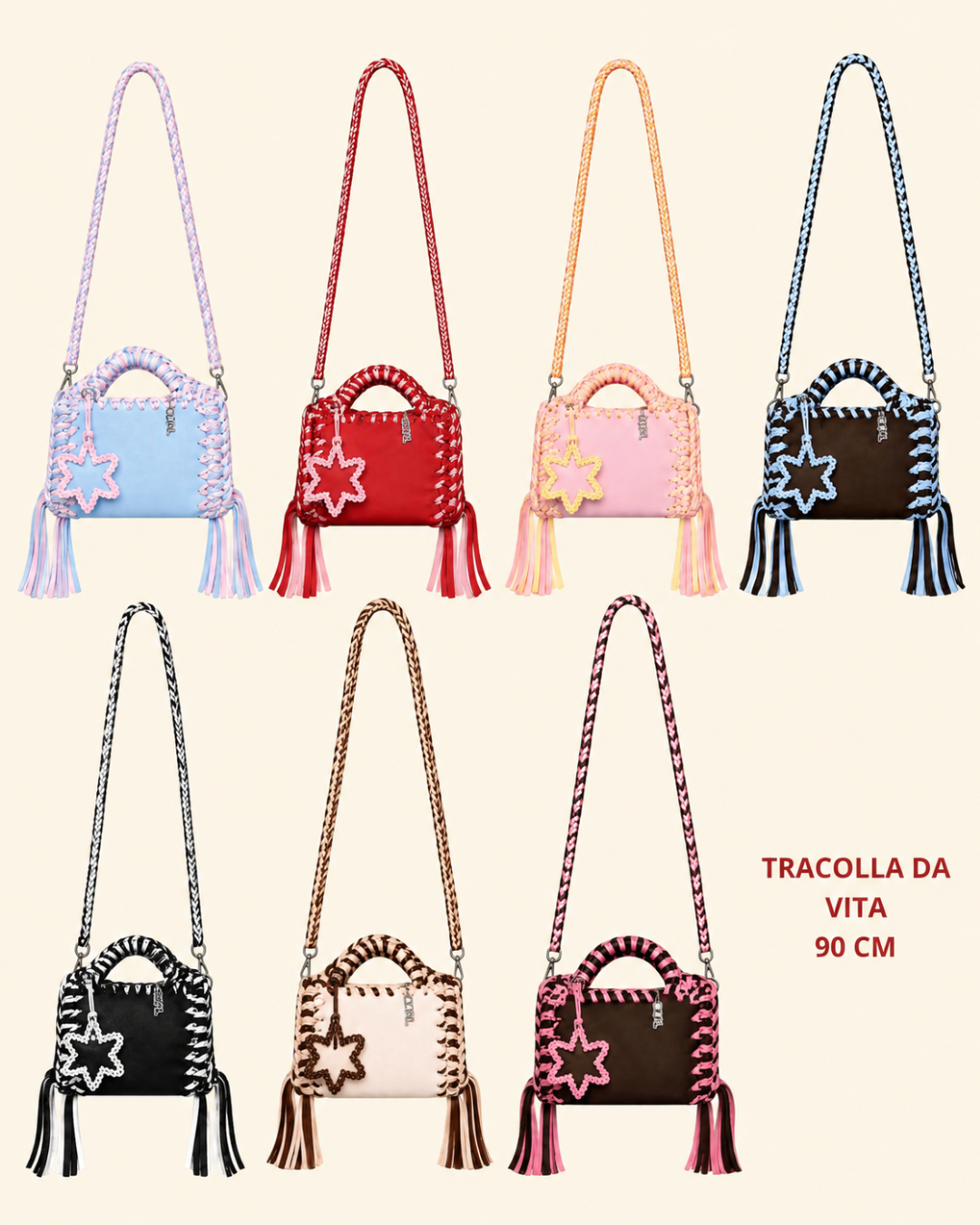 borse uncinetto funny bicolore pelle e crochet con tracolla da 90cm e charm stella
