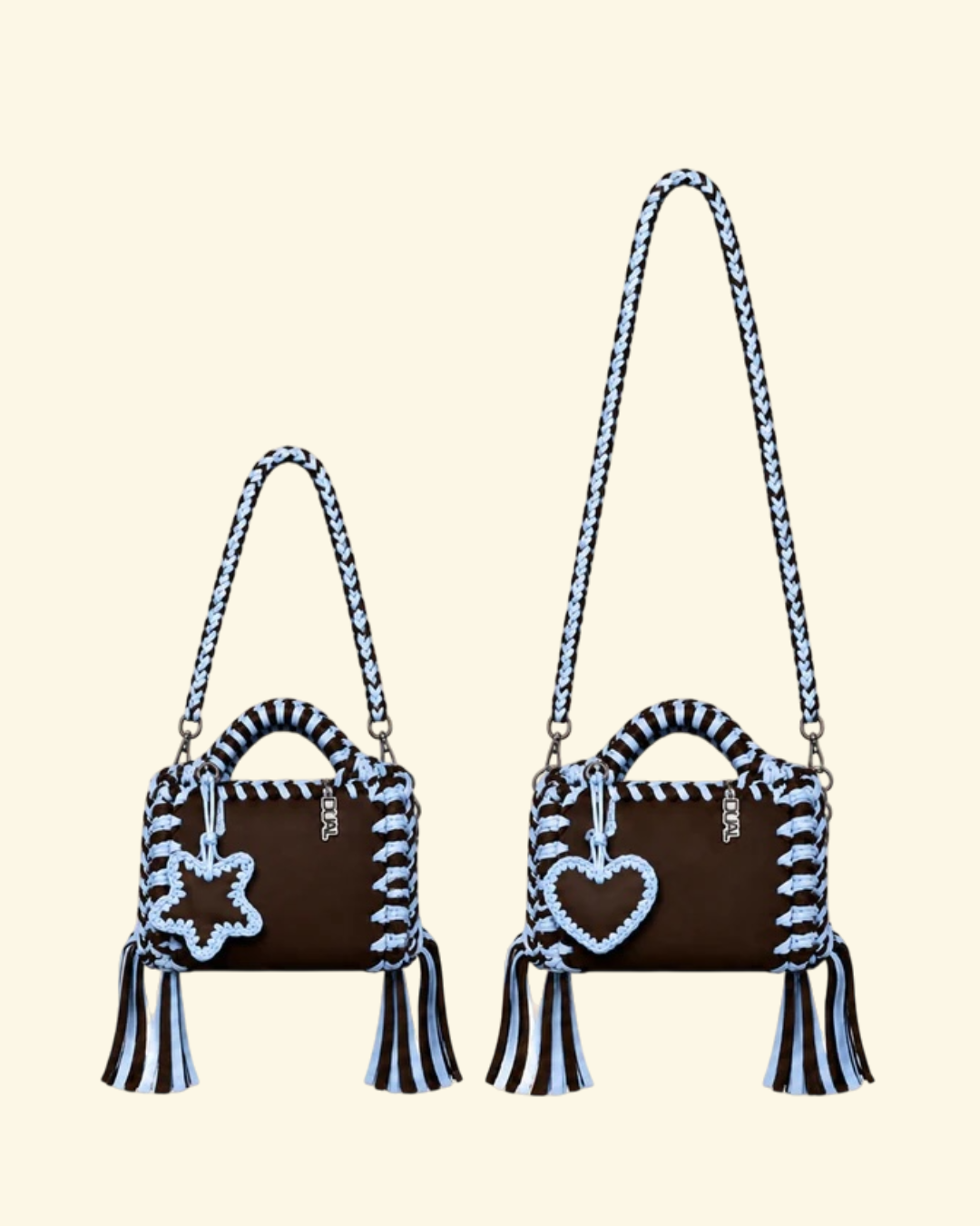 borse uncinetto funny bicolore pelle e crochet marrone e celeste con tracolla da 60cm e 90cm